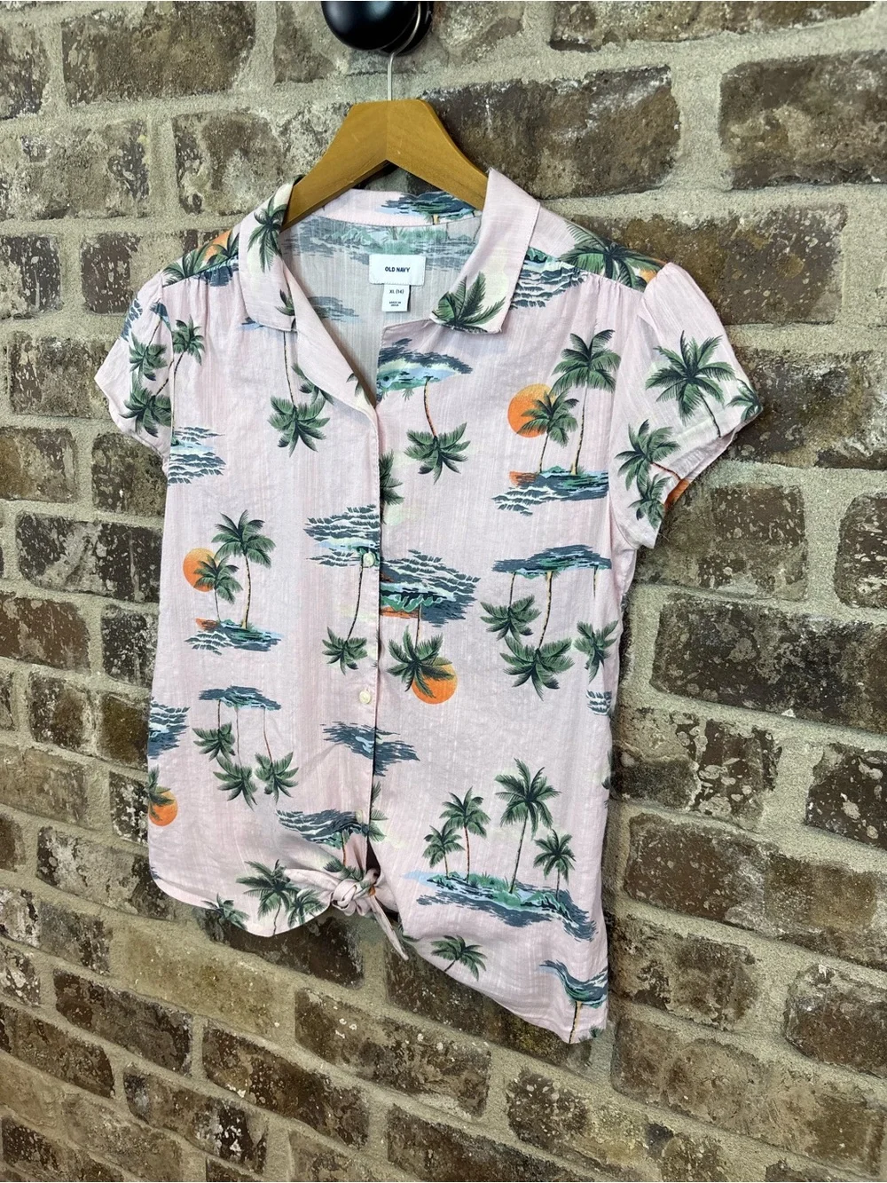 Old Navy Pink Palm-Print Tie-Front Shirt Girls XL/14